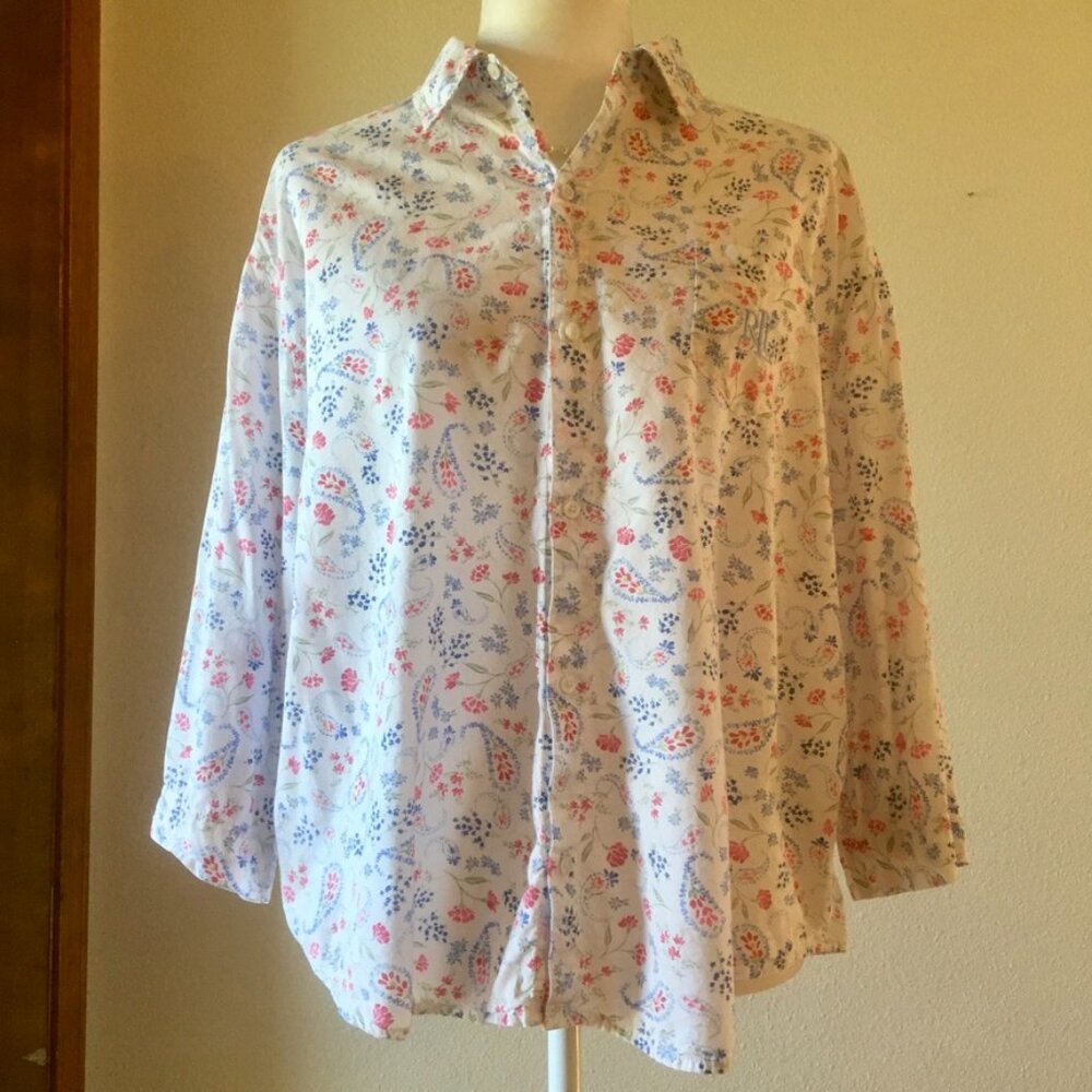 LRL White Button Down Red Blue Floral Paisley Size L Preppy Coastal Grandma - Picture 2 of 6